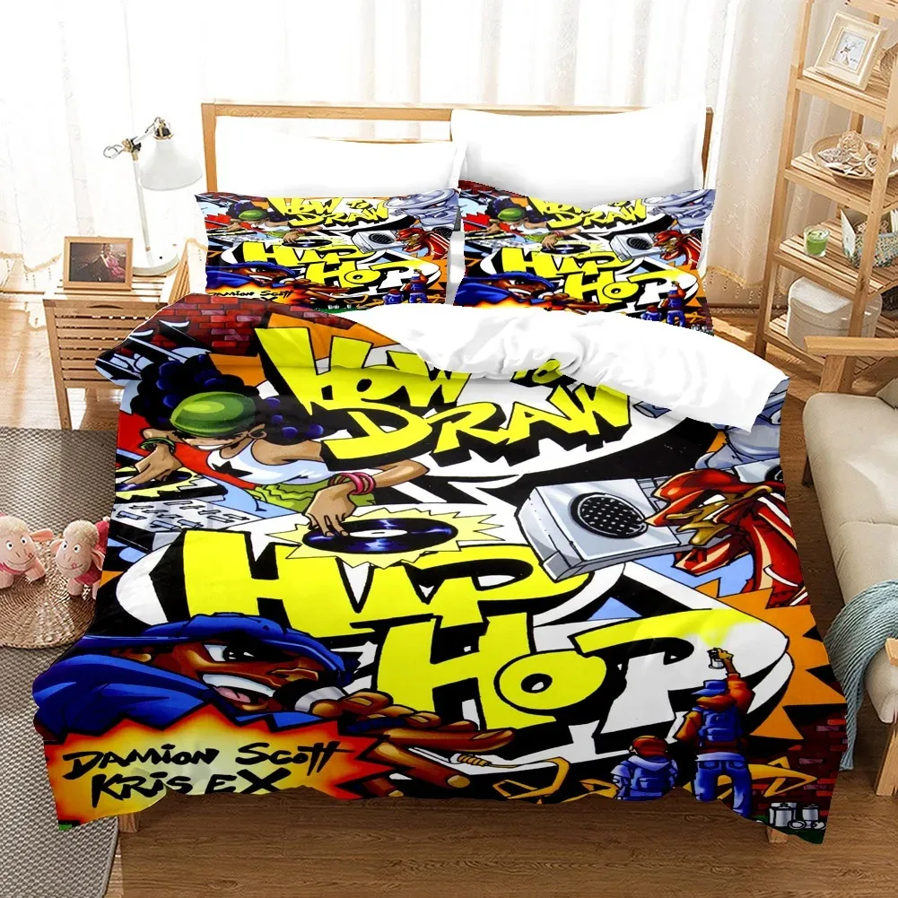 Cartoon Style Hip-Hop Graffiti 3D Printed Duvet Cover Pillowcase Bedding Set Teenagers Bedroom Decor Bed Kit，Single_Queen Size