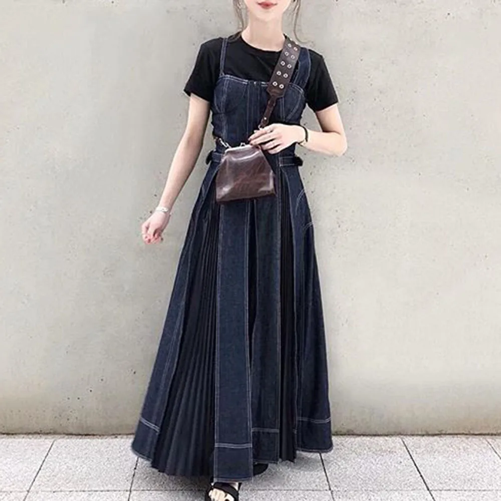 

One Piece Denim Dress Korean Fashion Style Spaghetti Strap Patchwork Long Vestidos 2022 Fall Women Blue Maxi Jean Pleated Dress