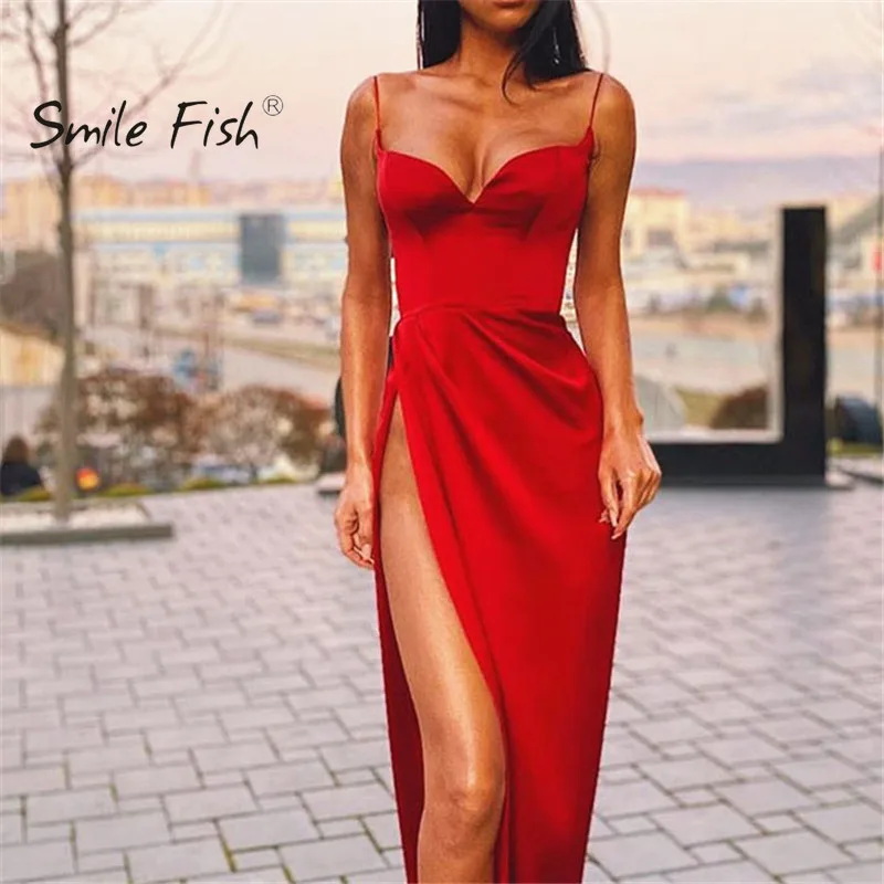 

Платье женское вечернее с V-образным вырезом, пикантное мягкое атласное шелковое черное, без рукавов, на бретелях, M0022, красное