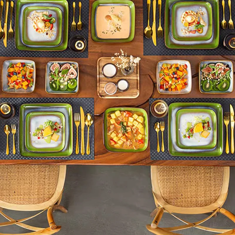

dinner games Dinner Set Green Square Kiln Change Glaze Tableware Kitchen Dinnerware Ceramic Crockery Set for 4 Person HY