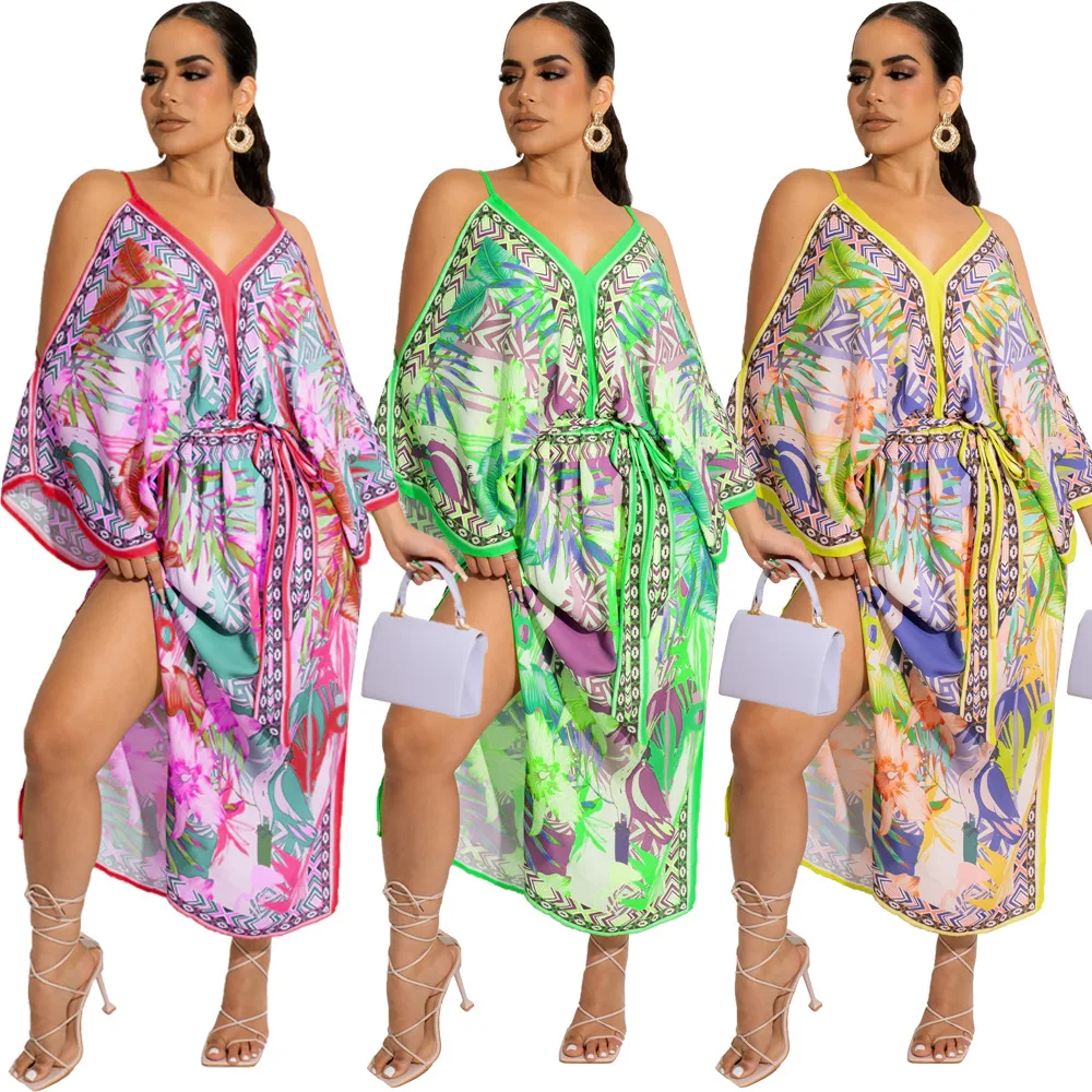 

Sexy Backless Slit Dress Women Summer Print Maxi Dresses V Neck Loose Strappy Dress Bohemia Style Beach Vacation Female Vestido