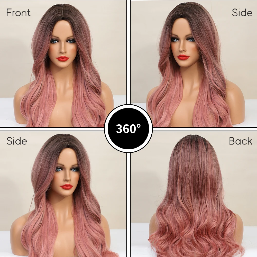 U.SHINE Ombre Brown Mixed Pink Blonde Long Synthetic Wave Wigs for Women Heat Resistant Colorful Fiber Cosplay Lolita Wigs