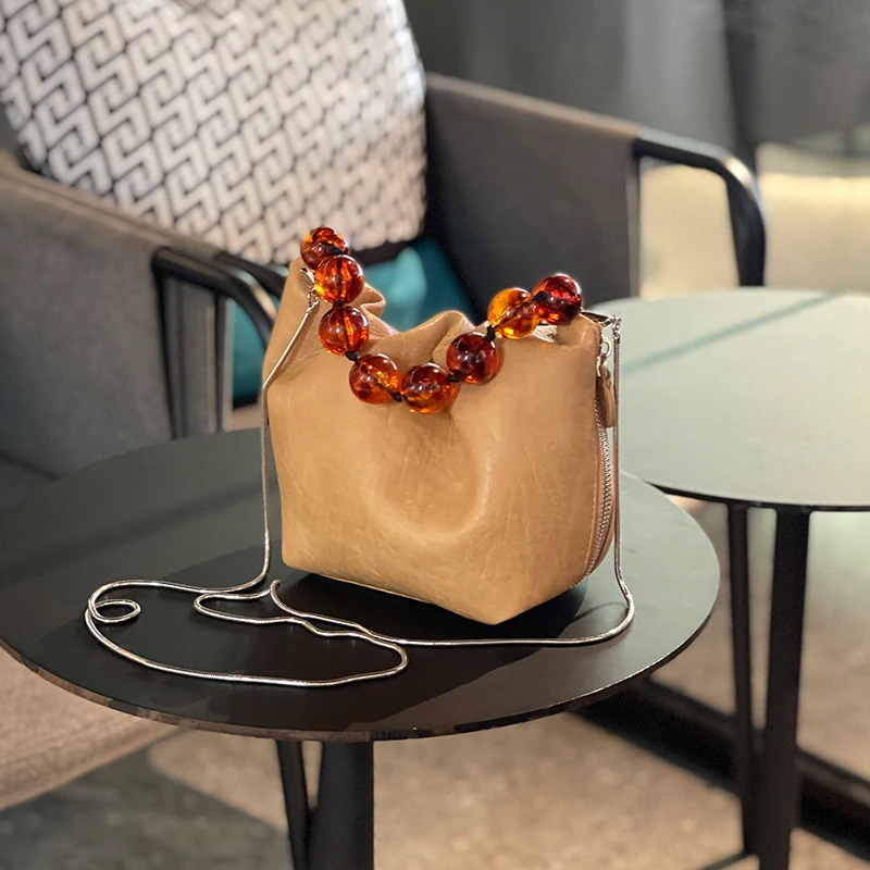 

Niche Casual Bucket Handbag for Women Cowhide Beaded Small Carrying Bag Crossbody Chain Bag Female Clutch New Design Female