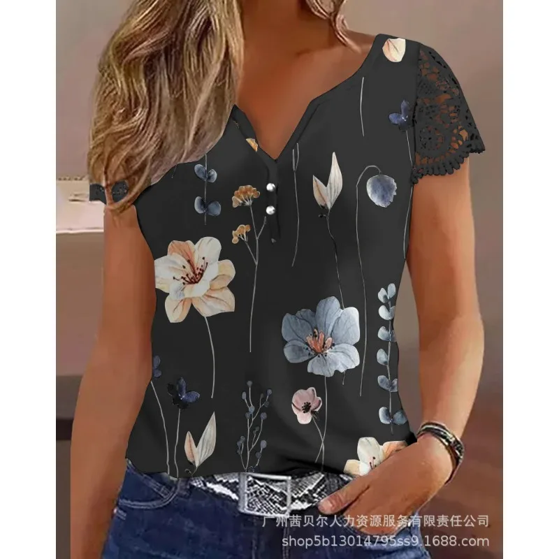 

Wepbel Summer V-neck Fly Sleeve Slim Tshirts Top Casual Loose Floral Print Top Women Fashion Notch Neck Lace Patch Tshirt Top