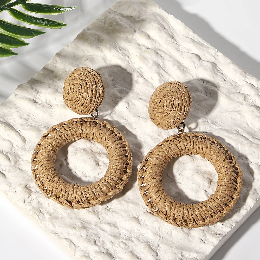 Женские плетеные серьги-подвески AENSOA круглые серьги из ротанга ручной работы в