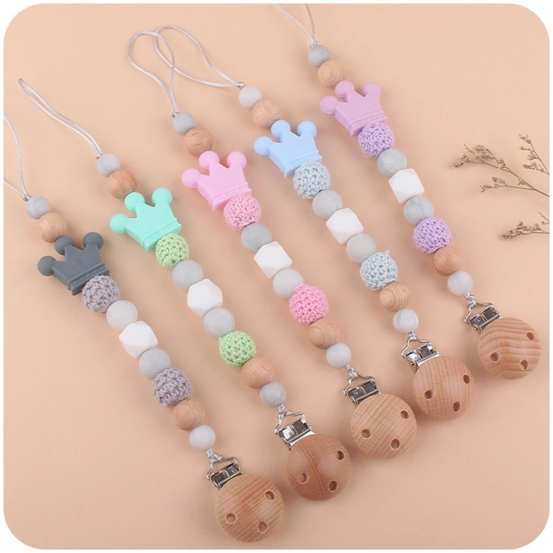 

Wooden Bead Pacifier Clips Silicone Crown Dummy Chain Holder Soother Chains Nipple Holder for Babies Teething Toy Baby Chew