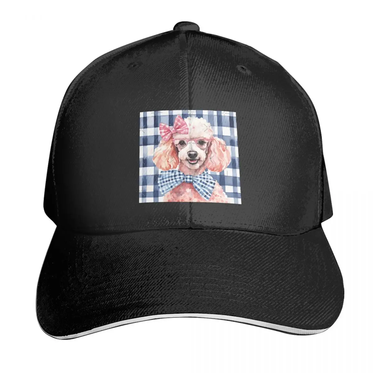 

Poodle In Pink Glasses On Blue Gingham Casquette, Polyester Cap Customizable Unisex For Sports