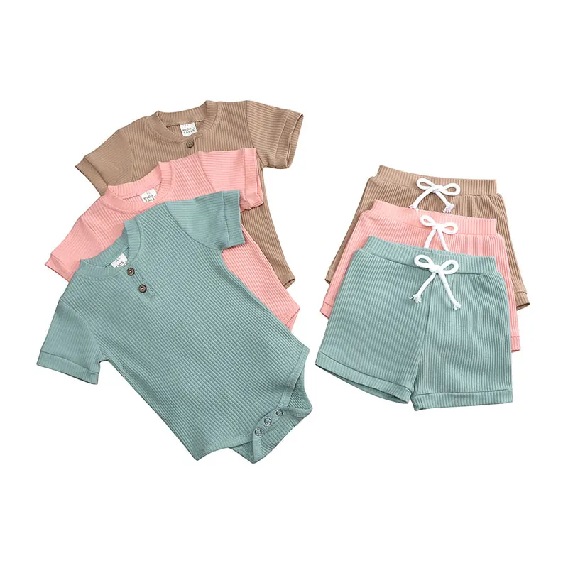 

Повседневный комплект одежды для маленьких мальчиков, однотонный наряд для маленьких девочек, хлопковый топ с коротким рукавом + шорты, летняя одежда для новорожденных от 3 до 24 месяцев