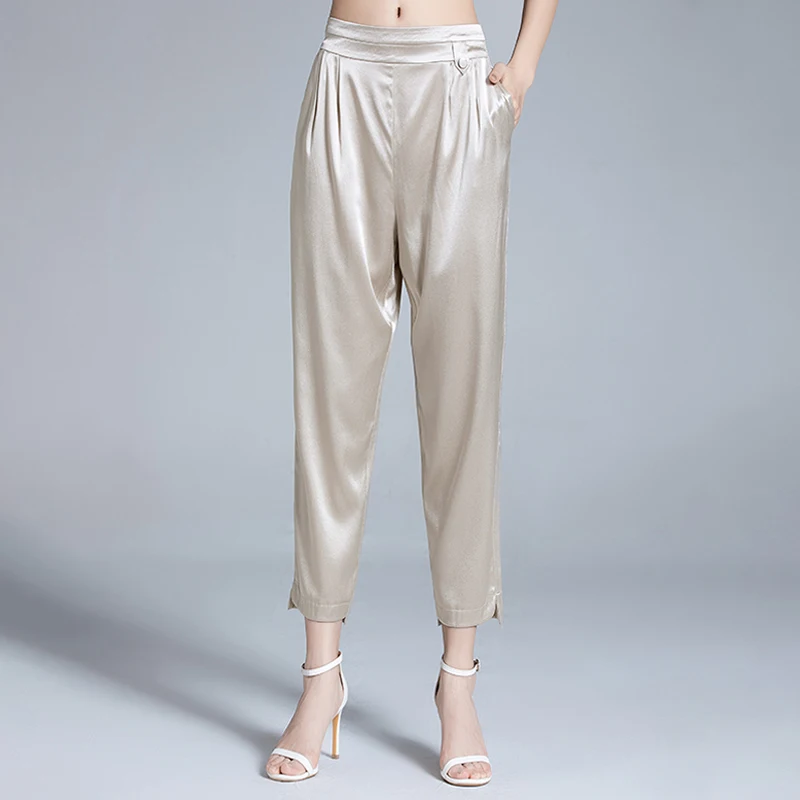 95% Silk Pants Women 2 Colors Simple Design Solid Loose Elastic Waist Button Harem Trousers New Fashion Style