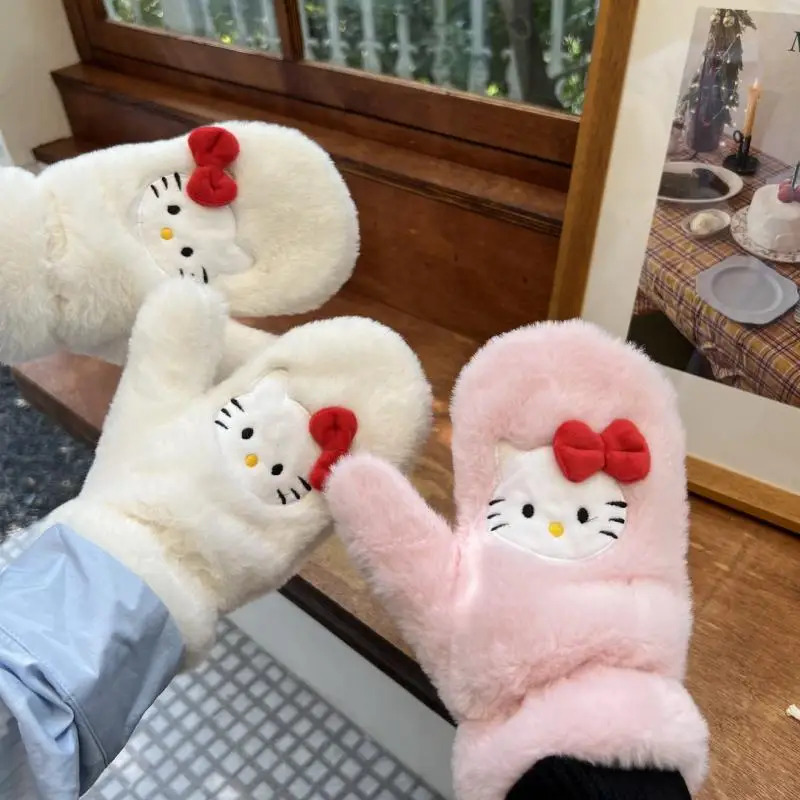 

Kawaii Sanrio Plush Glove Hello Kittys Accessories Cute Thickening Cold Proof Skiing Cycling Keep Warm Anime Toys for Girls Gift