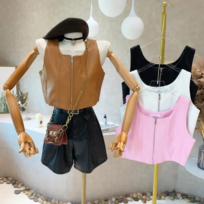 

New Women's Clothing 2022 Autumn Simple versatile V zipper design PU leather casual sleeveless short vest top