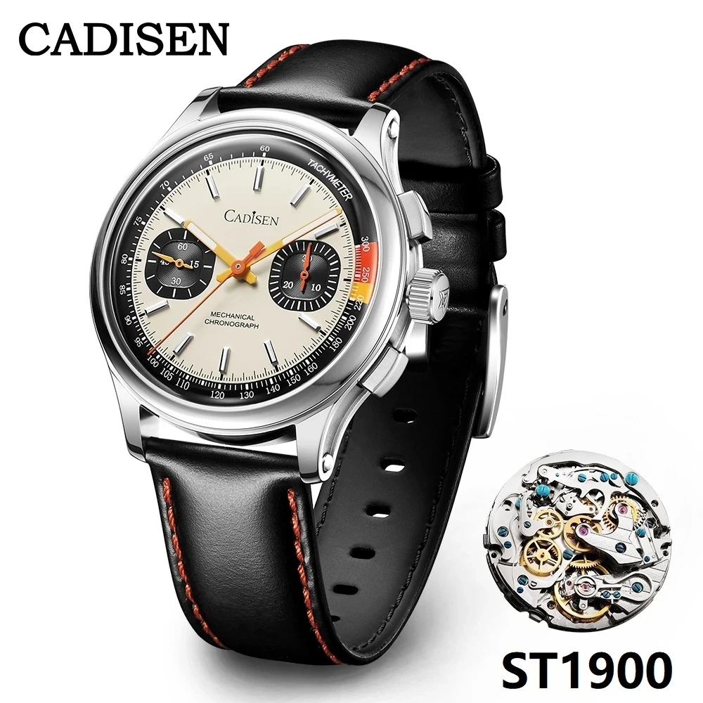 

CADISEN New Watch Chronograph Mechanical Wristwatches Seagull ST1900 Swanneck Movement Mens Watch Domed AR Sapphire Crystal Gift
