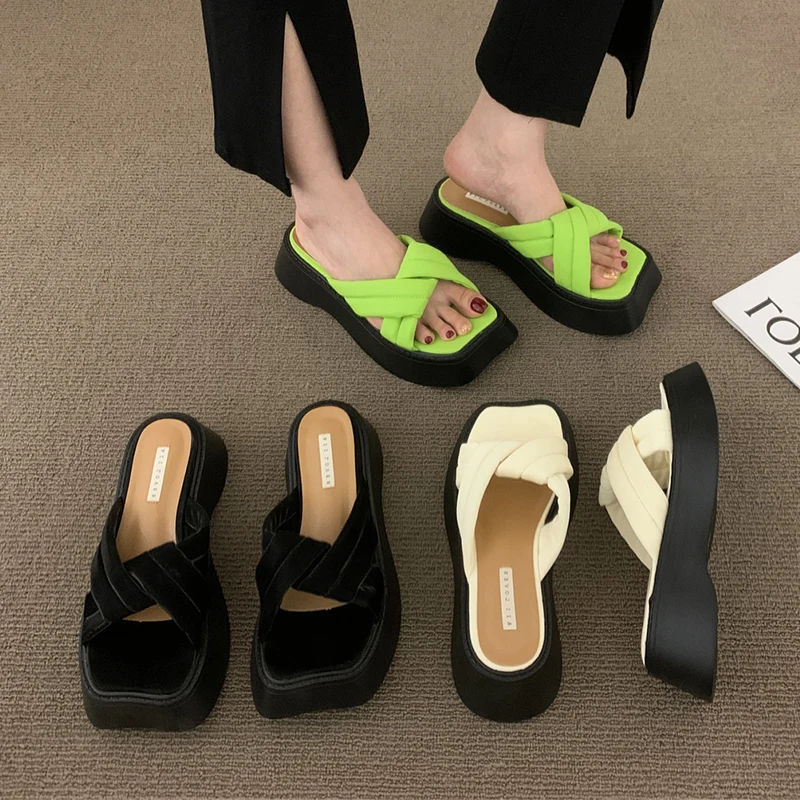 

Slippers Women Summer Shoes Rubber Flip Flops Med Pantofle Platform Slides Hawaiian 2022 Flat Basic PU Scandals Shoes Woman's Sl