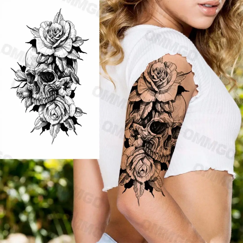 

Black Skull Rose Flower Arm Temporary Tattoos For Women Adult Girl Tiger Compass Geometry Fake Tattoo Stylish Disposable Tatoos