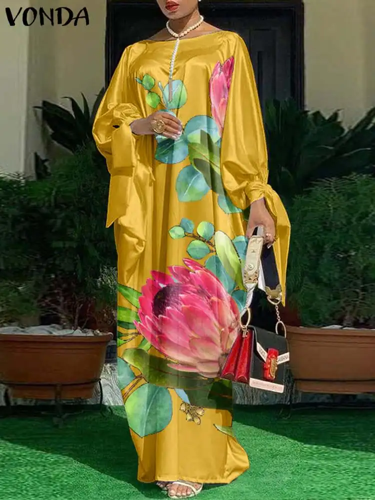 

VONDA Elegant Satin Dress Women Summer O-Neck Long Sleeve Maxi Sundress Casual Floral Printed Bow Pleated Party Long Vestidos