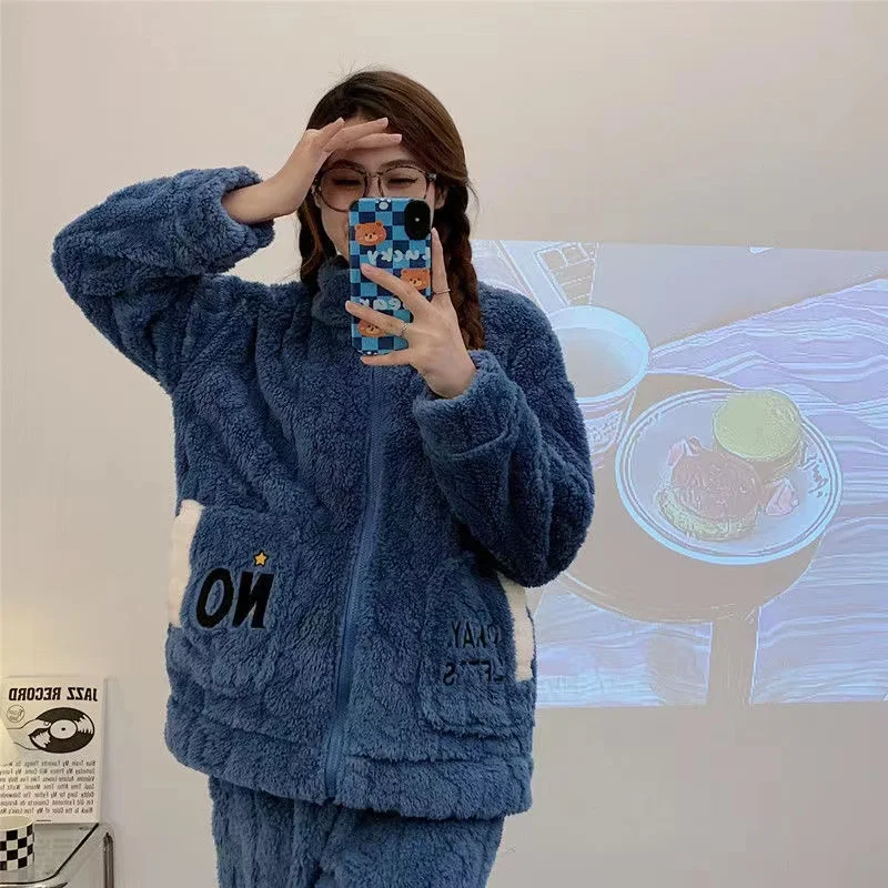 

Winter Thick Warm Pajamas Sets Women's Flannel 2 Pcs/Lot Sleepwear Loose Comfortable Pijama Mujer Night Suits Homewear