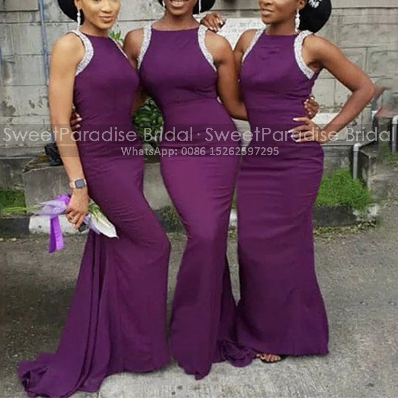 

Mermaid Purple Bridesmaid Dresses Long White Lace Beads Sleeveless Black Girls Formal Party Wedding Guest Dress