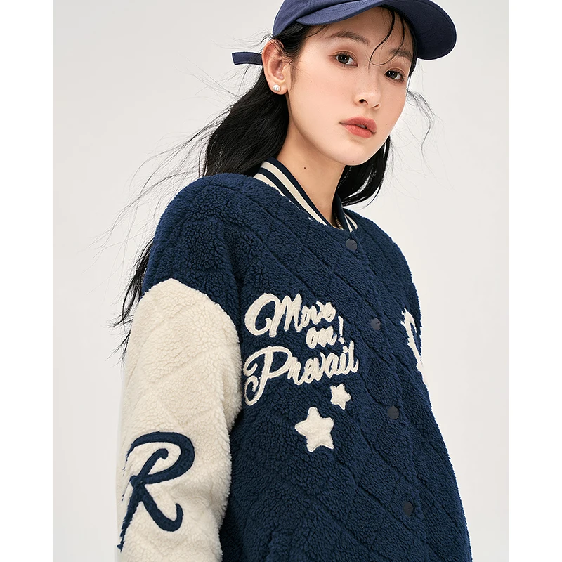 Toyouth Women Baseball Jackets Uniform 2022 Winter Long Sleeve Thick Plush Coat Graphic Print Preppy Style Warm Casual Tops