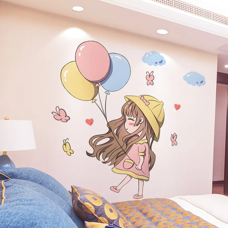 

[shijuekongjian] Lovely Girl Balloons Wall Stickers DIY Butterflies Mural Decals for House Kids Rooms Baby Bedroom Decoration