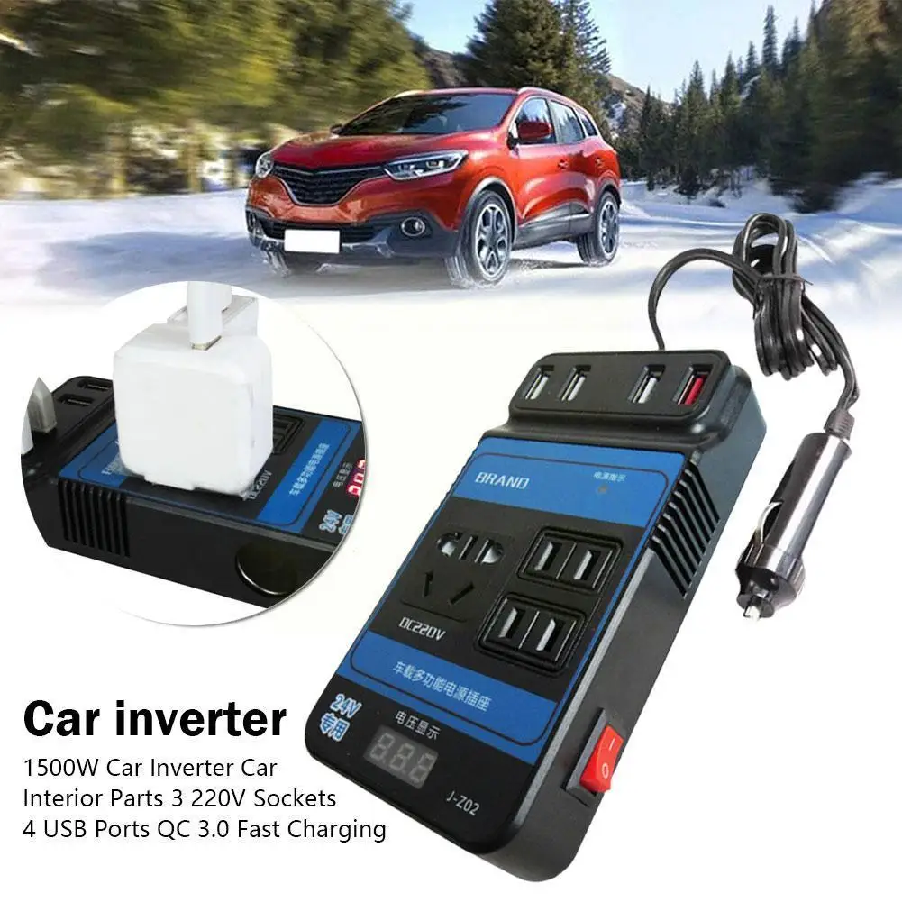 

1500w Car Inverter Car Interior Parts 3 220v Sockets Charging Ports 3.0 Plug 4 Fast Auto Accessories Usb Y1r4