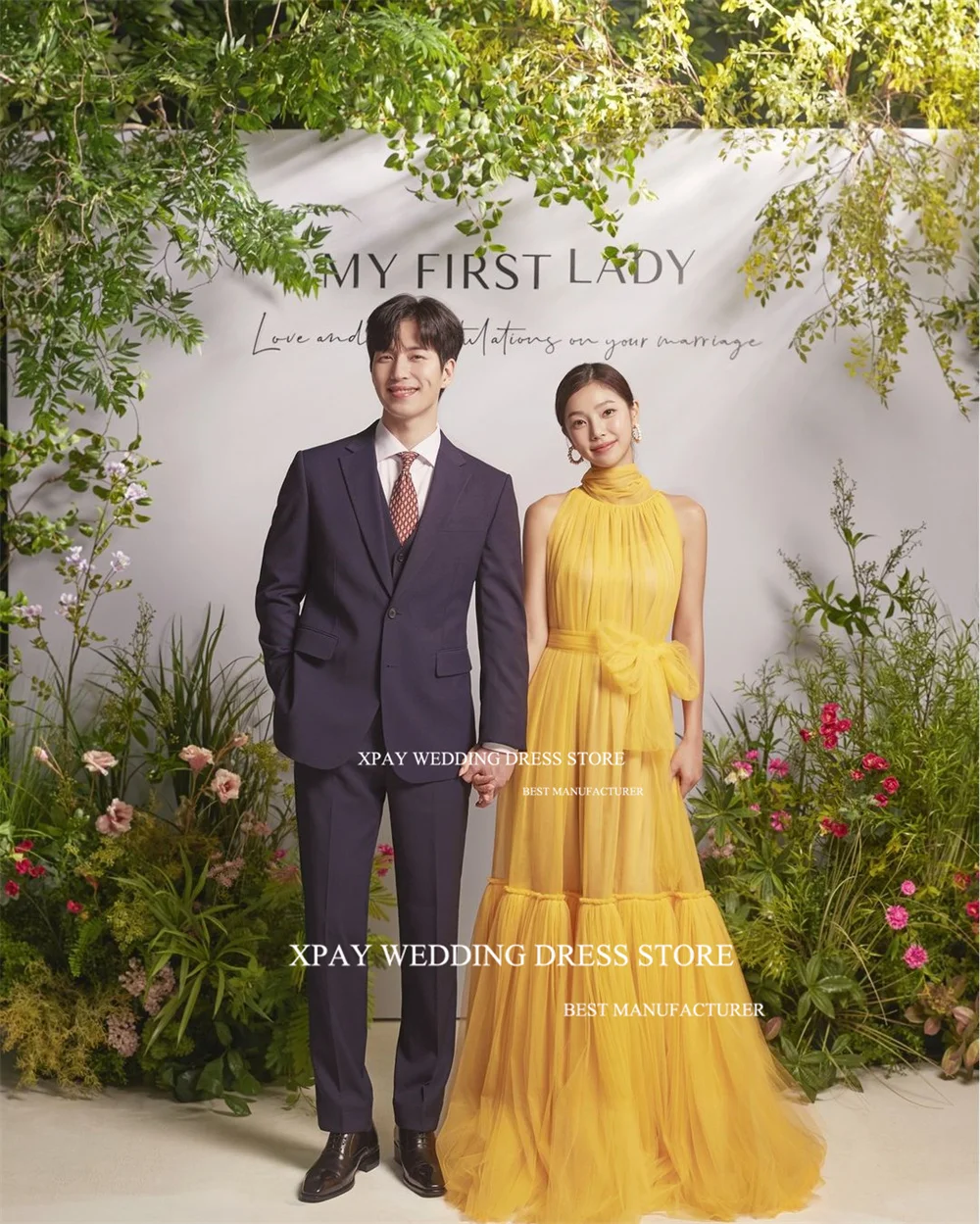 Элегантные желтые трапециевидные корейские вечерние платья XPAY с высоким