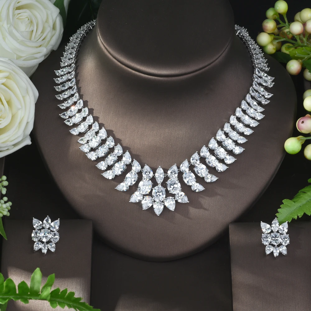 Fashion African 2pcs Bridal Zirconia Necklace Earrings for Women Party Luxury Dubai Nigeria CZ Crystal Wedding Jewelry Set N-960