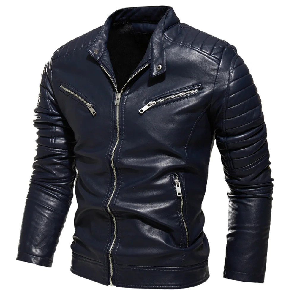 

2023 Men Fur Lined Warm Motorcycle Jacket Winter Black Leather Jacket Slim Street Fashion BLack Biker Coat Pleated Design Zipper