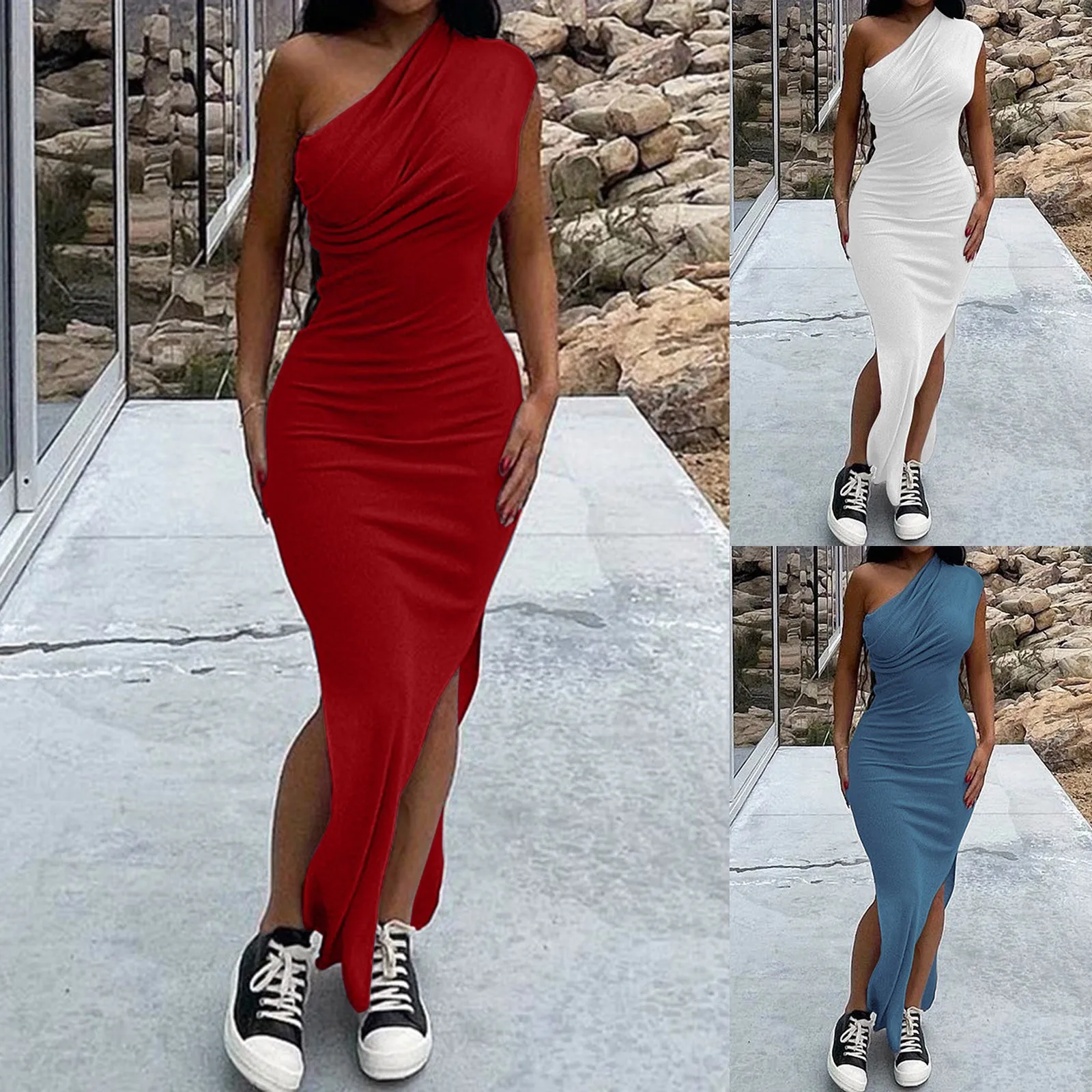 

2023 New Women's Spring And Summer Solid Color Thread Fold One Shoulder Slit Long Dress Rayon Dresses Vestidos Mujer Robes