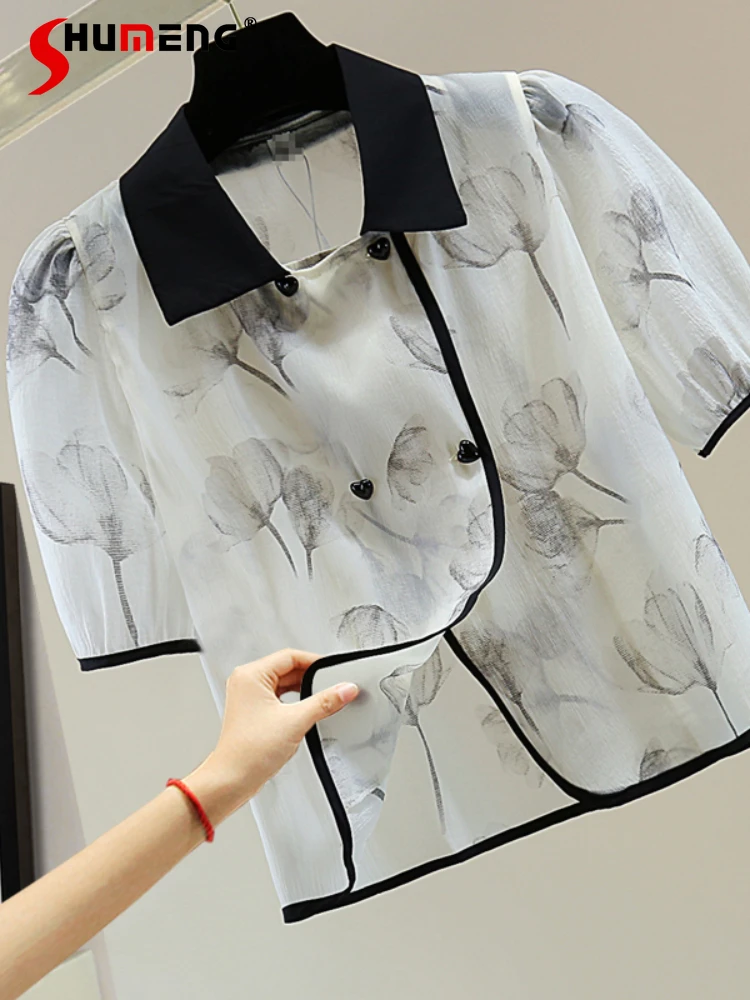 

Vintage Woman Printed Puff Sleeve Sun Protection Shirts 2022 Summer New Loose Short Ink Painting Short Sleeve Blouses for Women