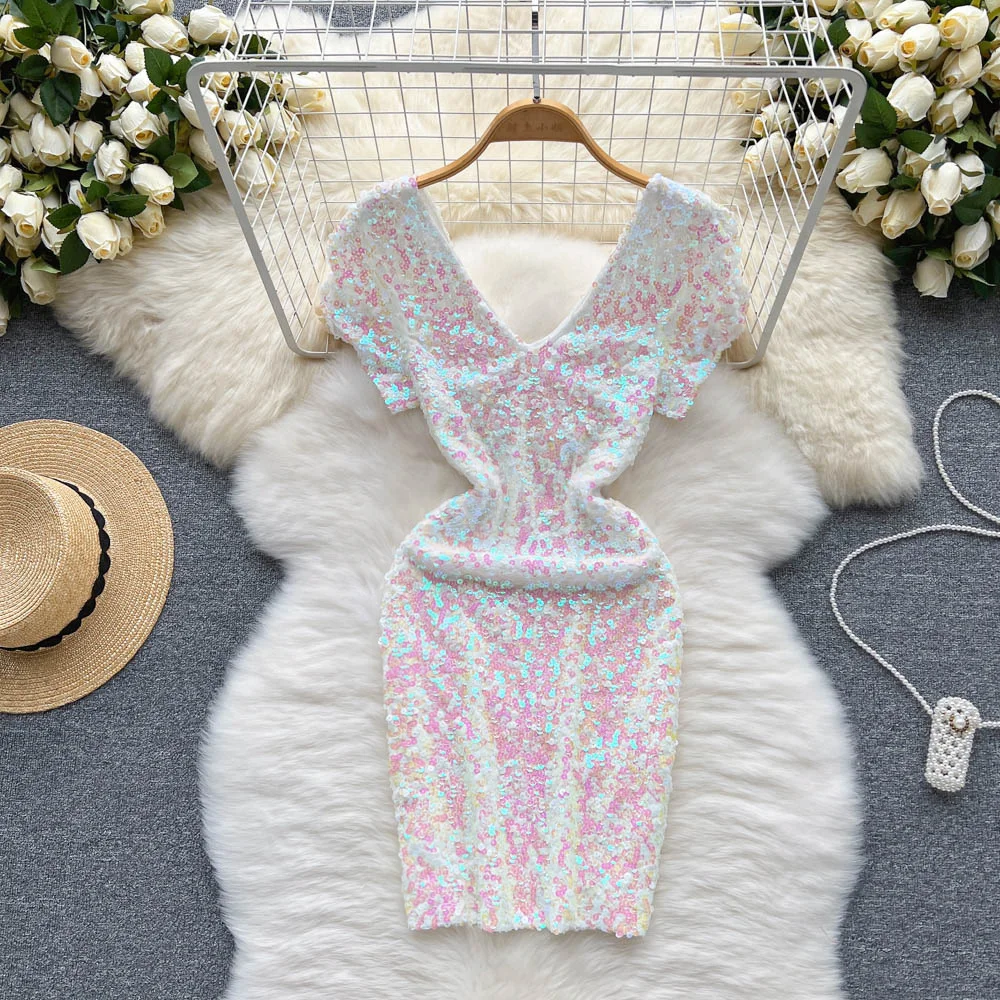 

Girls Sequin Dress Fashion Sexy Deep V-neck Backless White Sequin Dress Short Sleeve Mini Short Glitter Pretty Summer Dress