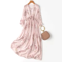 pink 2022 summer natural silk vestidos de mujer woman dress a line beach style mid calf v neck three quarter sleeve