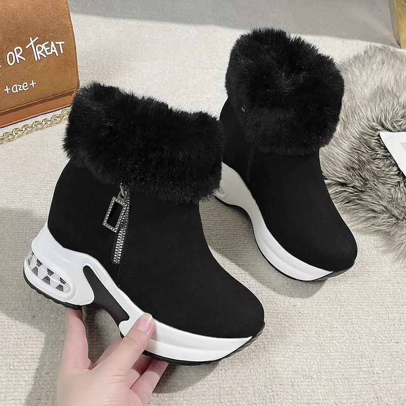 

Женские зимние ботинки до щиколотки, женская зимняя обувь на меховой платформе, на танкетке, с толстой подошвой, увеличивающая рост, удобная и элегантная женская обувь