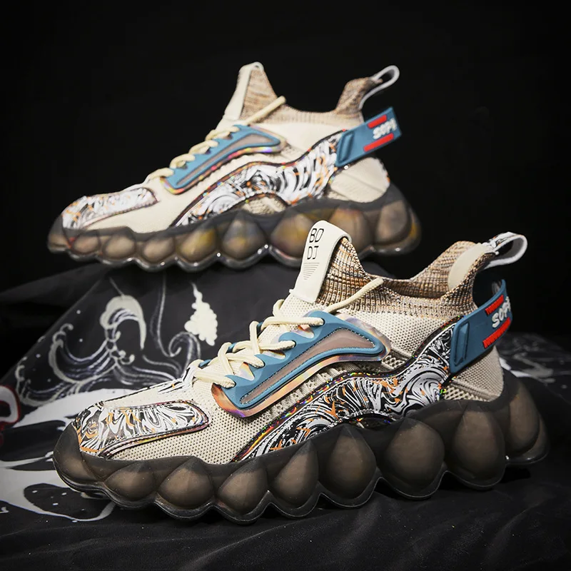 

2023 new men's bedrock bottom popcorn high quality men's flying mesh high top running shoes sneakers