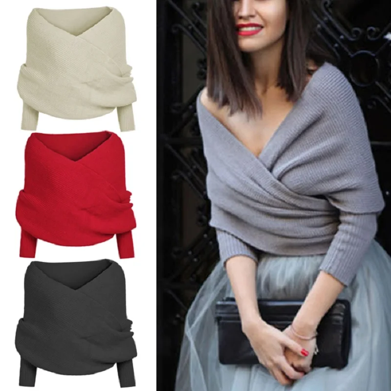 

Women Knitted Sweater Tops Scarf With Sleeve Wrap Winter Warm Shawl Scarves