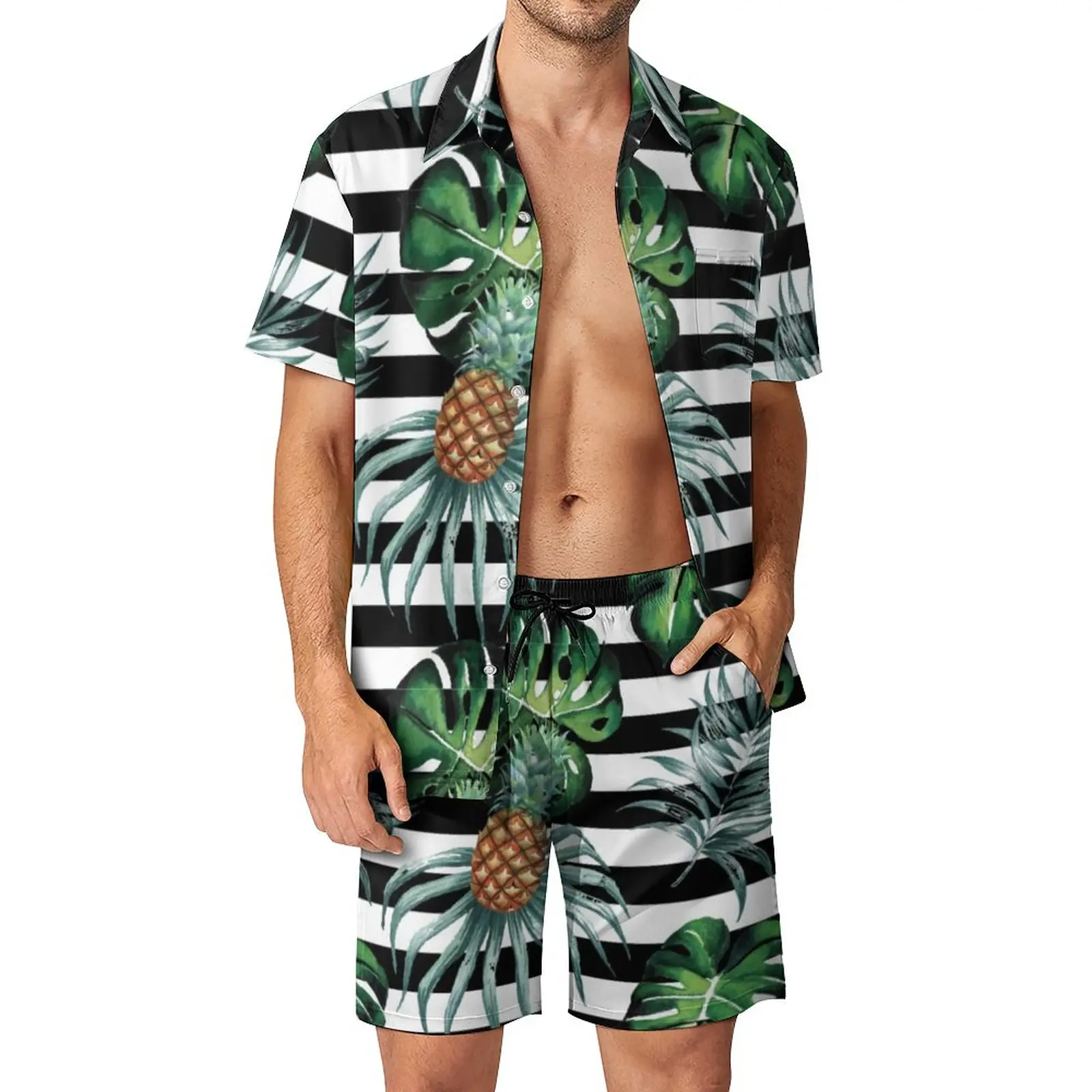 

Watercolor Tropical Men Sets Pineapple And Stripes Trendy Casual Shirt Set Short Sleeve Shorts Summer Beach Suit Big Size