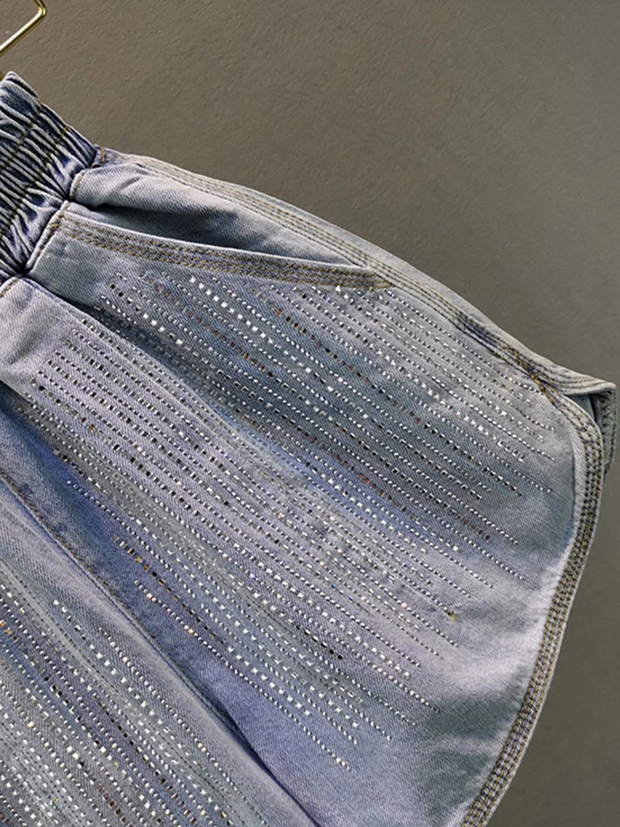 Thin Denim Shorts Women's Fashionable Loose High Waist Slimming Heavy Embroidery Diamond Drills Wide Leg Hot Pants Jeans Shorts