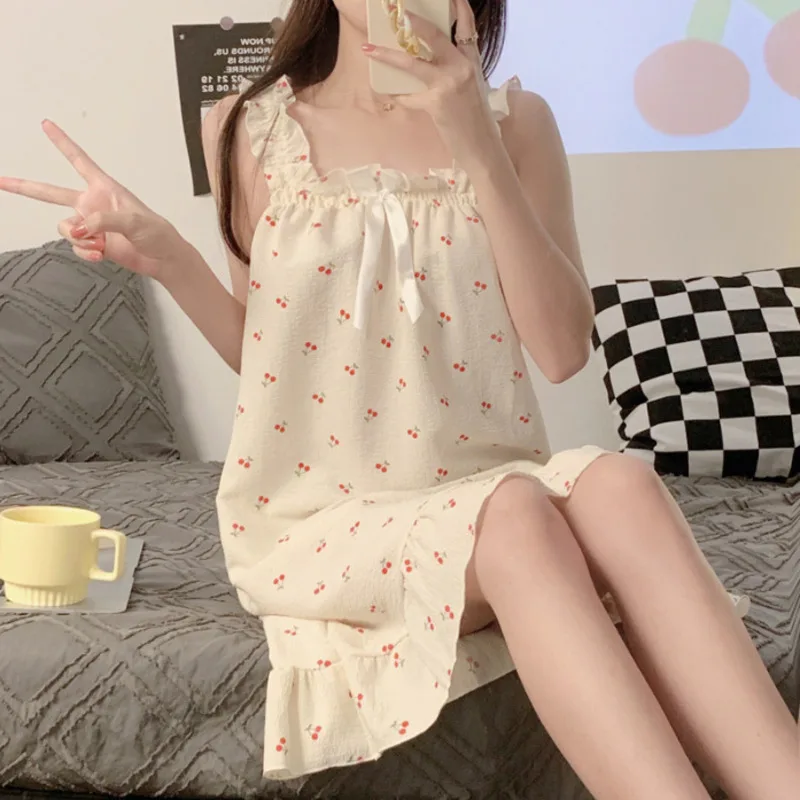 Summer Sleeveless Nightdress Women Cute Print Princess Nightgowns Sleepdress Home Dressing Gown Summer Long Sleepwear Nightwear
