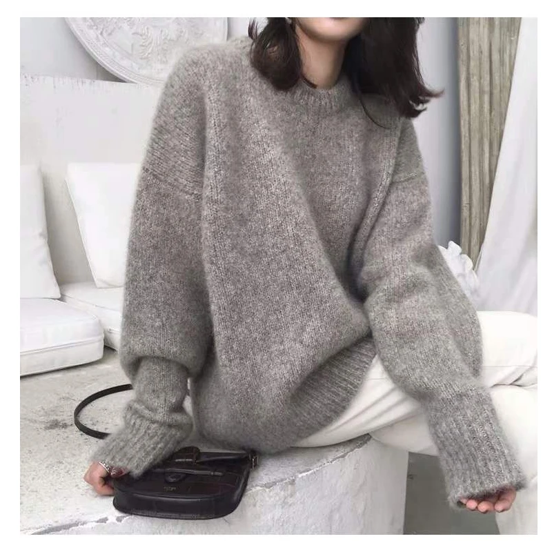 

Winter Women's Clothing Sweater Korean Fashion Loose Lazy Wind Retro Crew Neck Solid Grey Pullover Long Sleeves Knitting Top