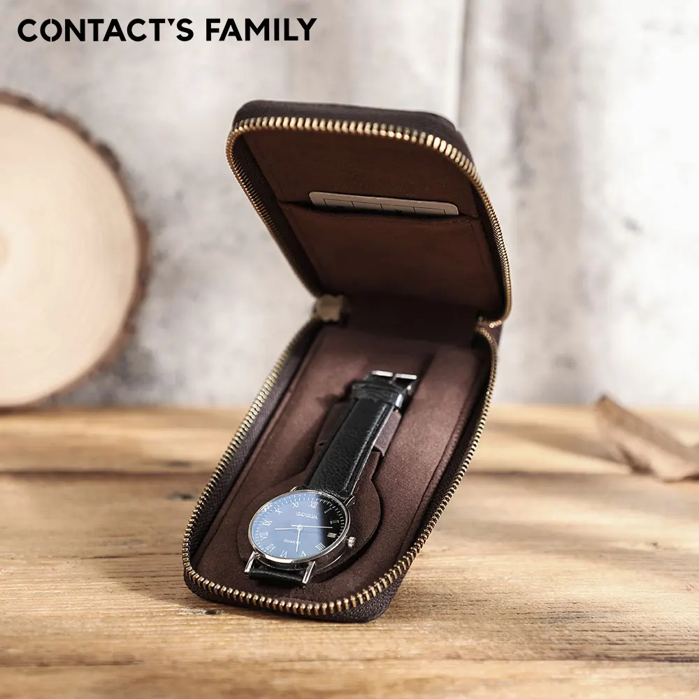 CONTACT'S FAMILY Genuine Leather Vintage Handmade Watch Pouch Travel Portable Leather Organizer with Card Slot Zipper Case