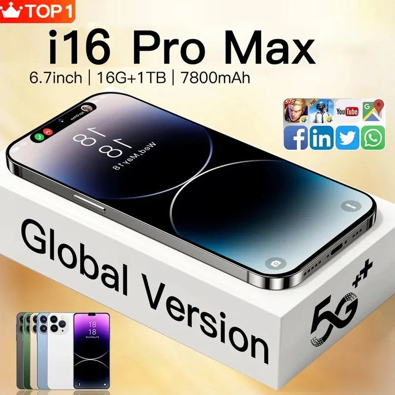 

2023 Brand New I16 Pro Max 6.7inch Full Screen PhoneFace ID 16GB 1TB Mobile Phones Global Version 4G 5G Cell Phone Smartphone