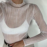 elegant net gauze see through long sleeved 2021 autumn high neck womens tops fashion streetwear sexy t shirt slim clothes
