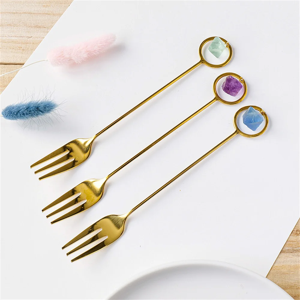 

Creative Fork Spoon Raw Stone Octahedron Purple Blue Green Fluorite Dessert Spoon Stainless Steel Golden Drop Coffee Spoon
