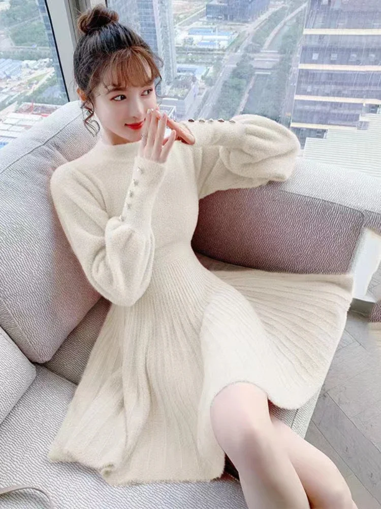 

2023 Mink Cashmere Dress Women Casual Autumn Winter Warm Knitted Sweater Mini Dress Loose Pleated Elegant Party Dresses