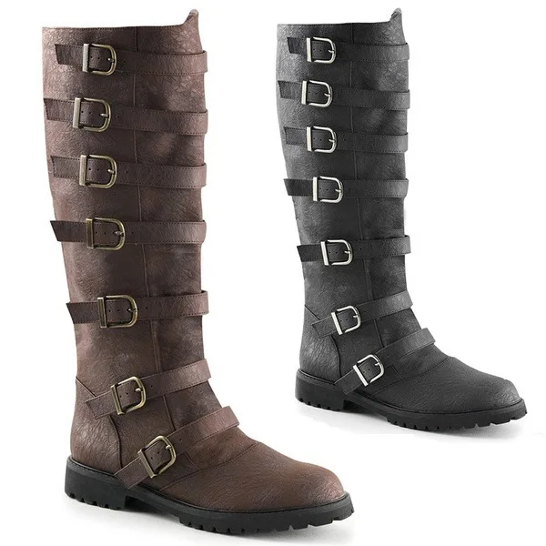 

Renaissance Medieval Gothic Retro Men's Winter Viking Knight Prince Shoes Vintage Brown Buckle Leather Flat Boots Pirate Cosplay