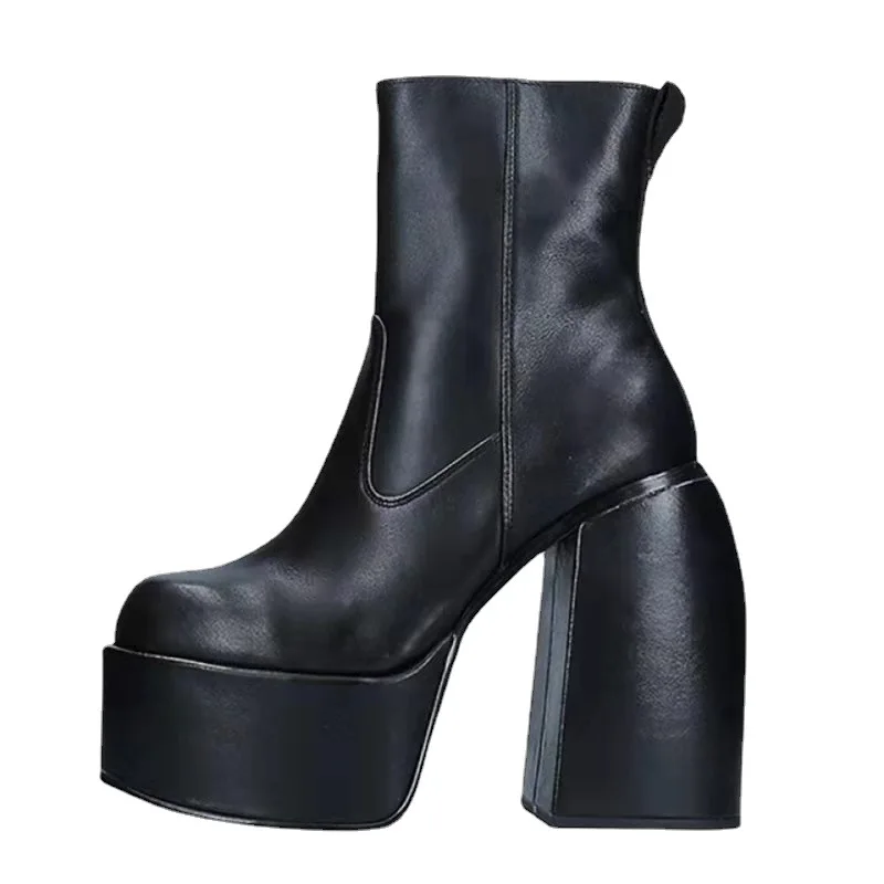 

Black Leather Ankle Boots For Women 12 Cm High Heels Platform Boots Stretch Shoes Woman Chelsea Boots Winter High Botas Mujer