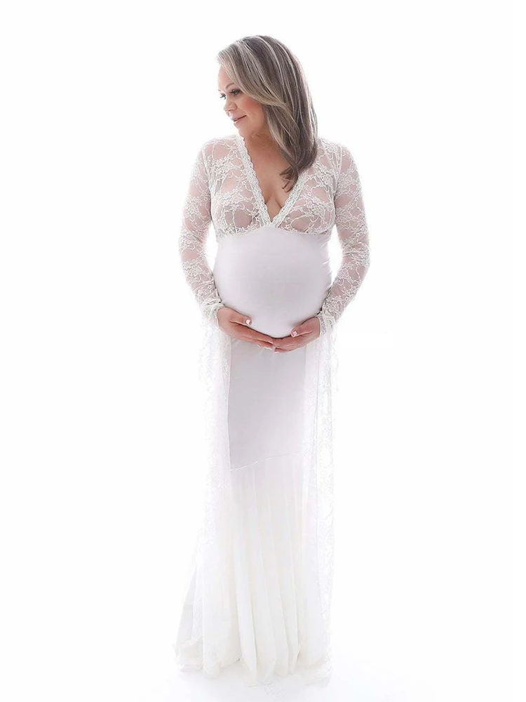 See Through Bodycon Maternity Dresses for Photoshoot Lace Pregnant Dress for Photography White Maternity Gown Round Train enlarge