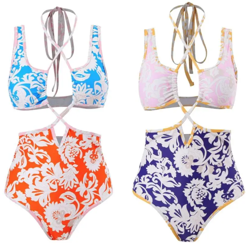 

Женский купальник 2023, новый купальник с принтом и висячим воротником, цветная сетчатая юбка на шнуровке, Пляжная шаль, цельные бикини, наборы танкини