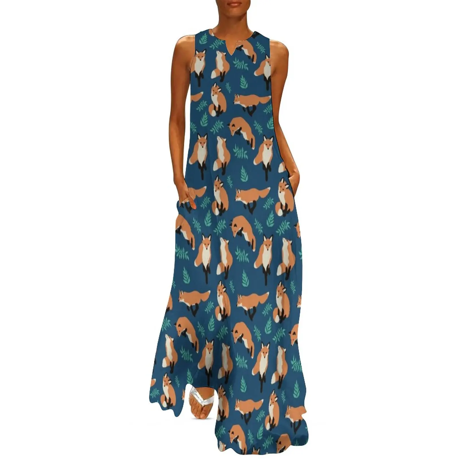 

Cute Fox Animal Dress Summer Green Leaves Print Aesthetic Boho Beach Long Dresses Women Modern Maxi Dress Gift