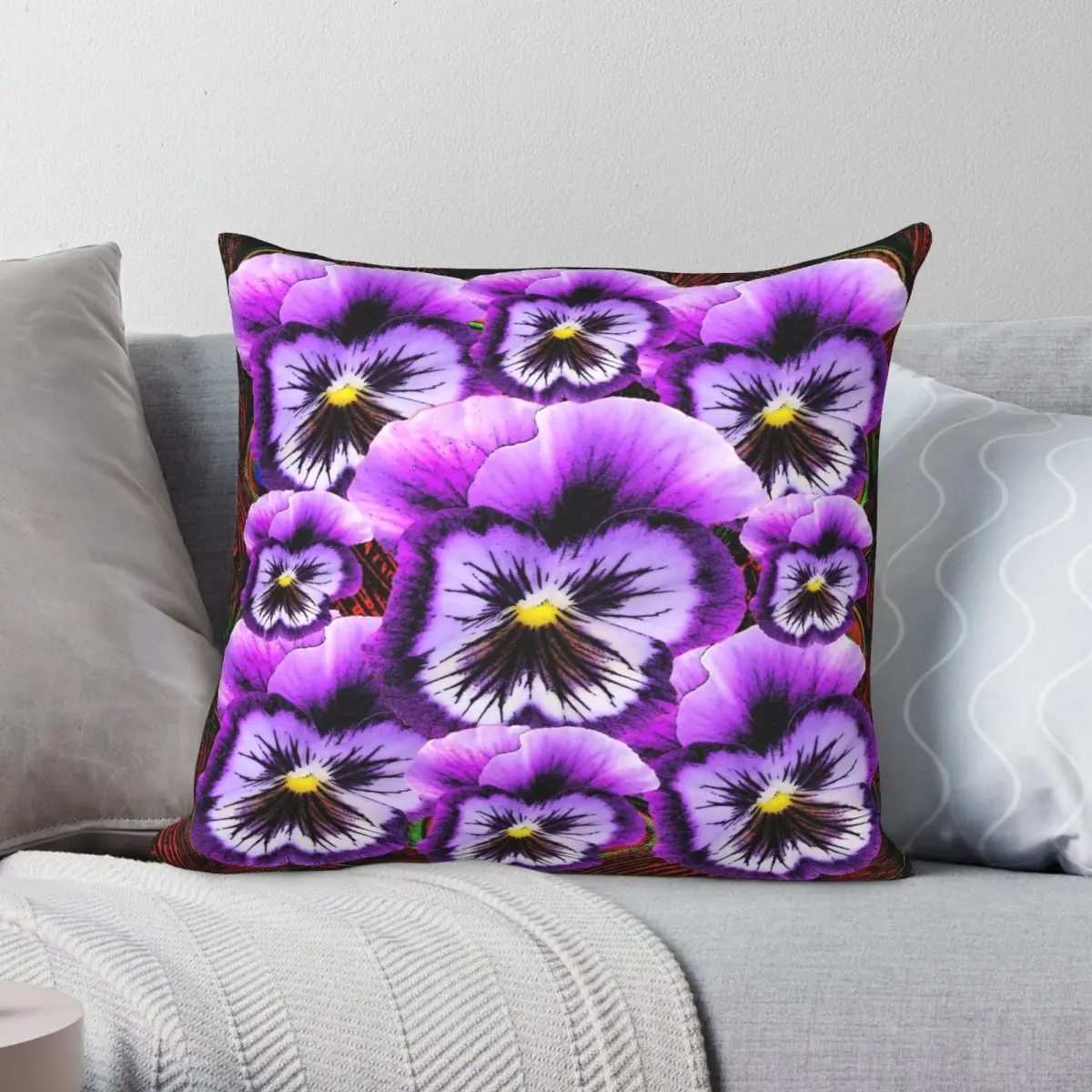 

LAVENDER PURPLE PANSY FLOWERS Square Pillowcase Polyester Linen Velvet Pattern Zip Decor Sofa Cushion Cover 45x45