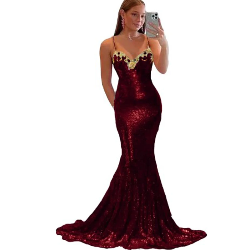 Бордовые платья на тонких бретельках с секретом Русалка для выпускного вечера